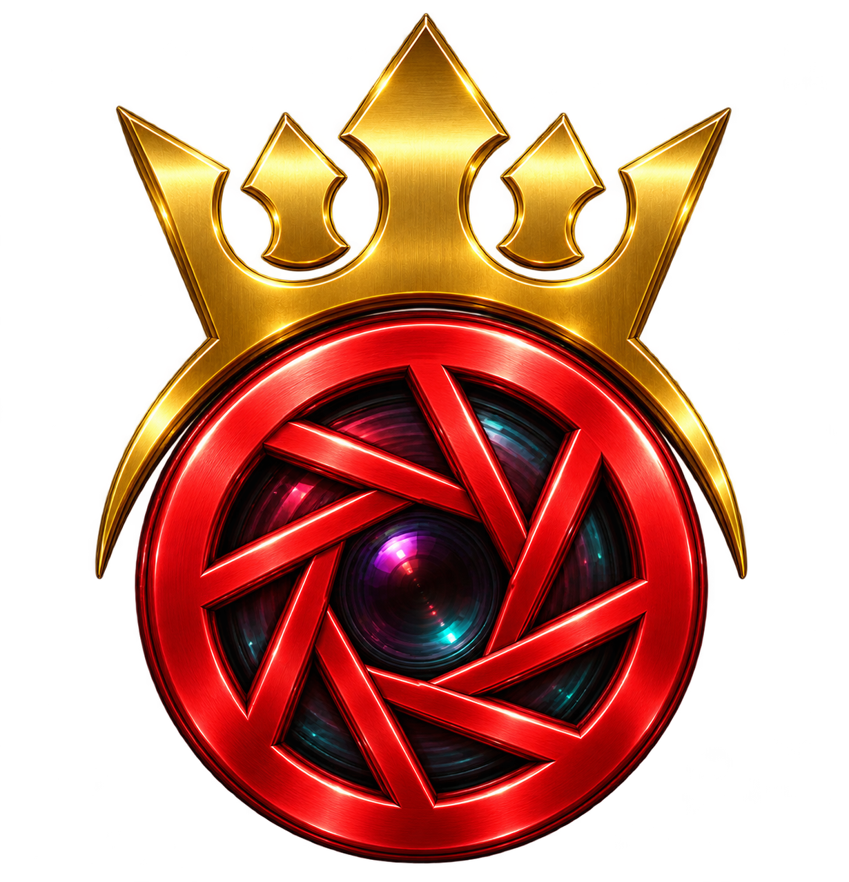 Photogods sculpted gold crown above a red camera lens