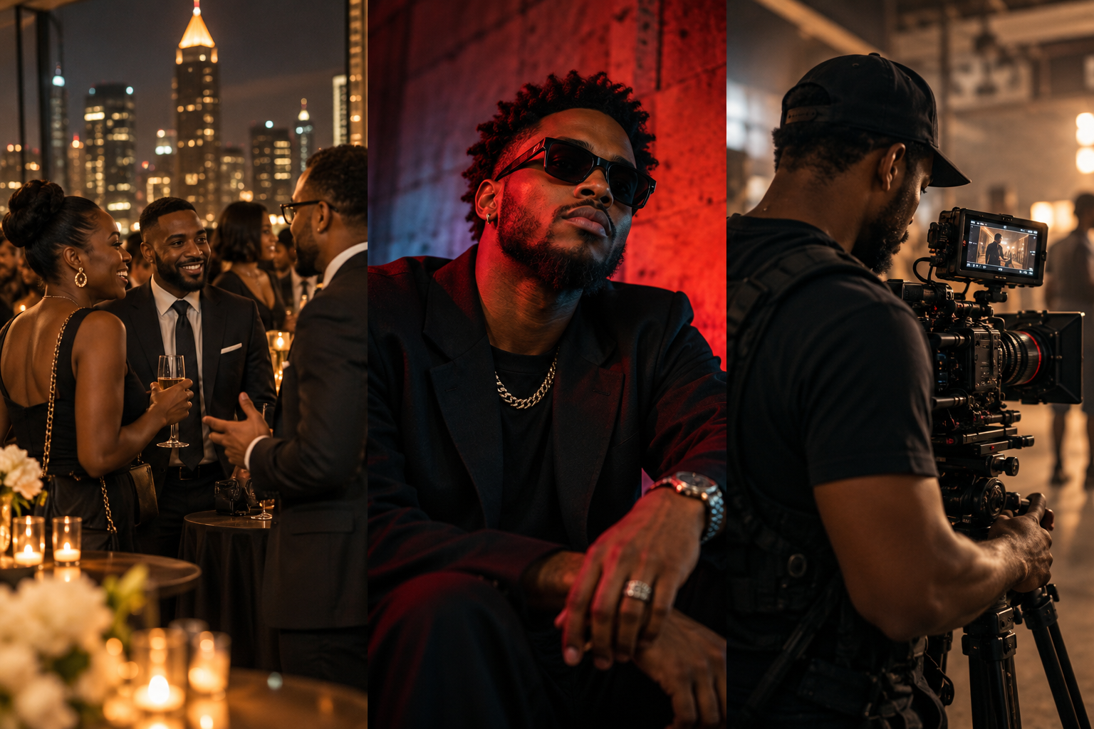 Illustrative corporate-event guests in an Atlanta evening setting